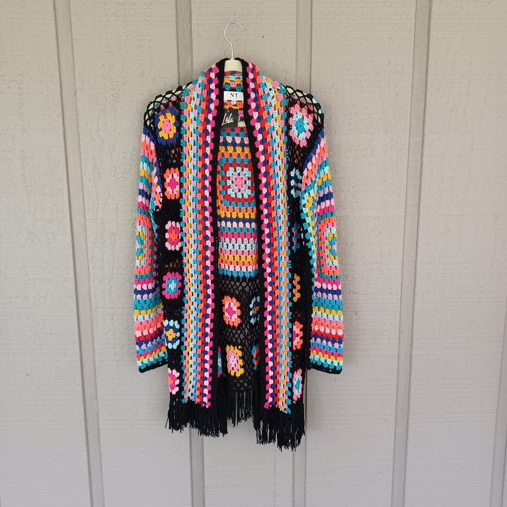 N.1 Los Angeles Crochet Granny Square Duster Size S Women Boho Long Sleeve